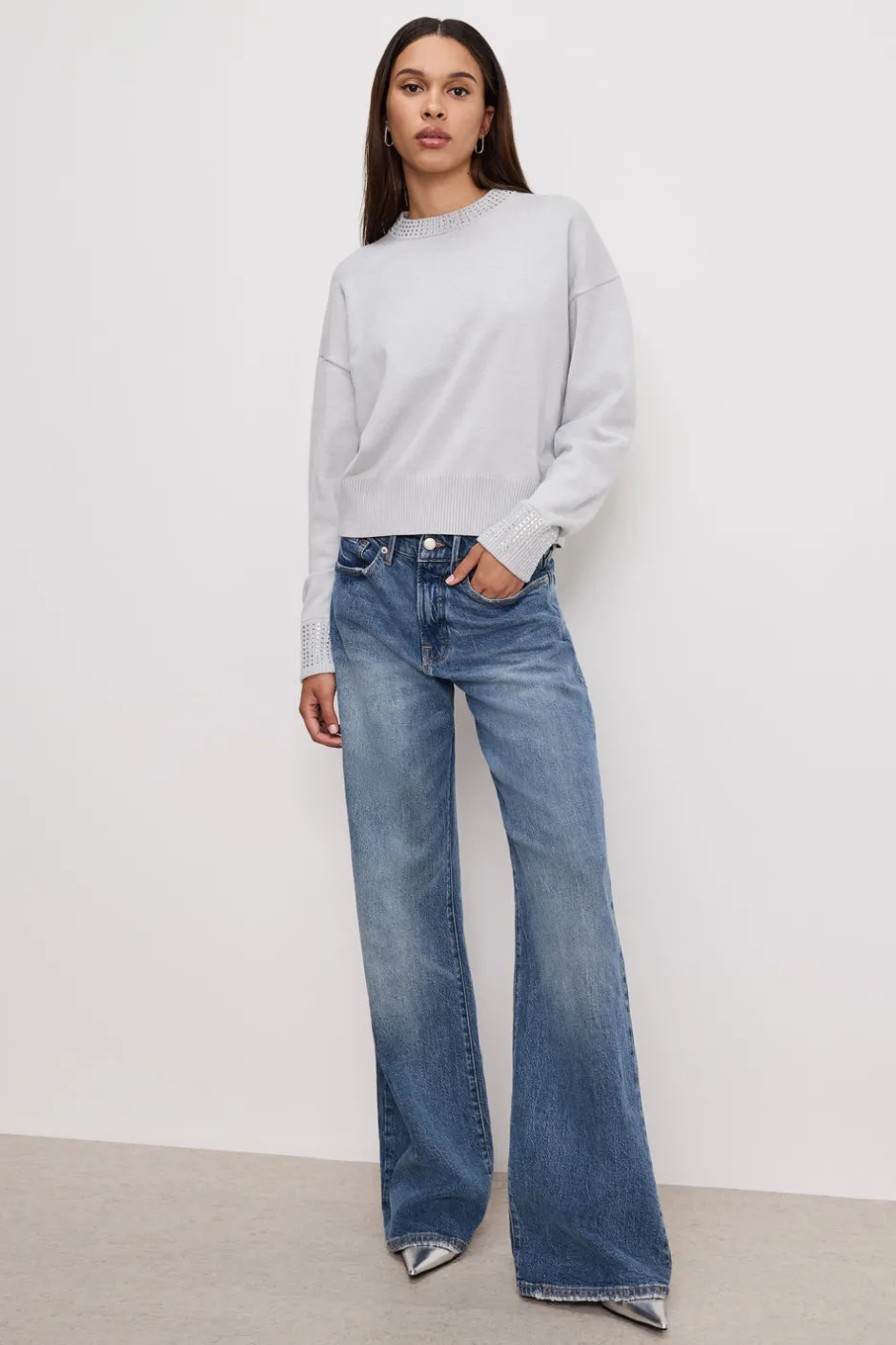 Good American Tops | Sweaters<CRYSTAL CREWNECK SWEATER Heather grey001
