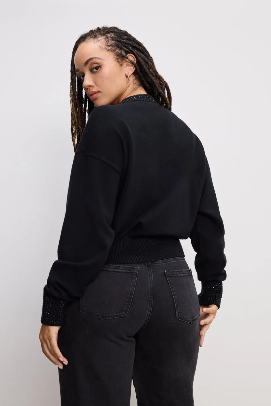 Good American Tops | Sweaters<CRYSTAL CREWNECK SWEATER Black001