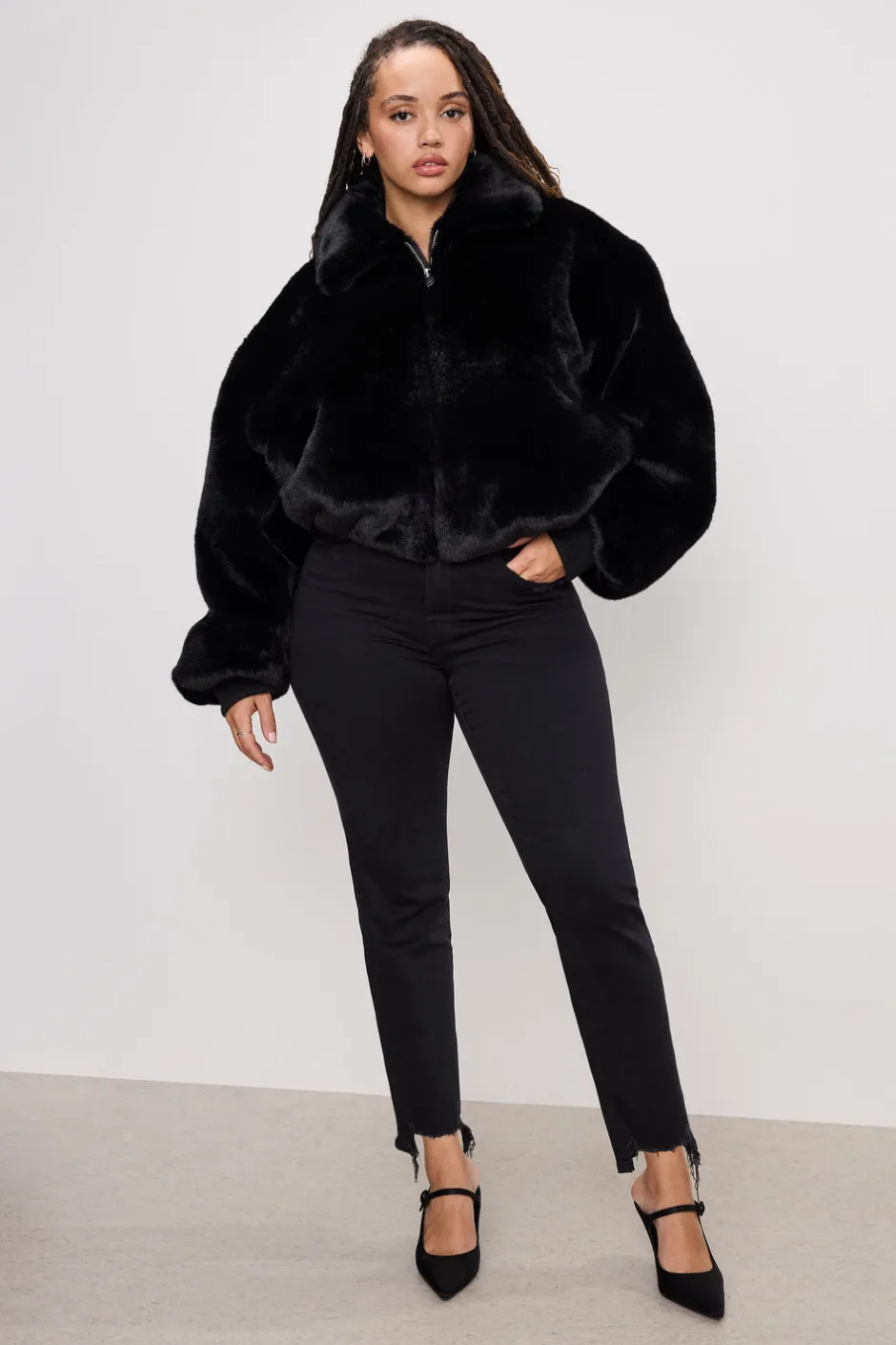 Good American Outerwear<FAUX FUR COLLAR JACKET Black001