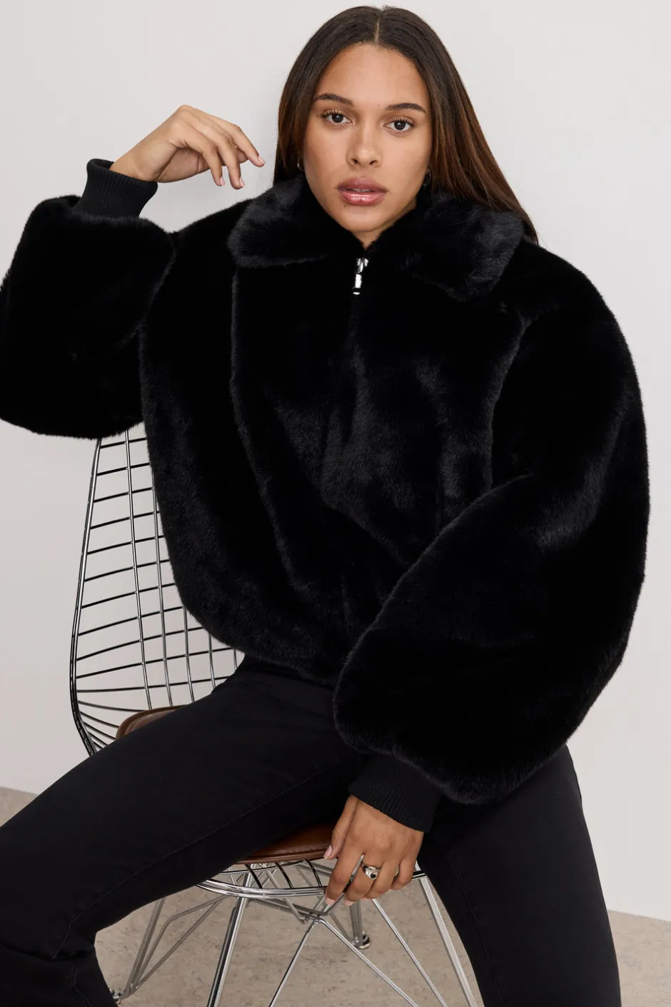 Good American Outerwear<FAUX FUR COLLAR JACKET Black001