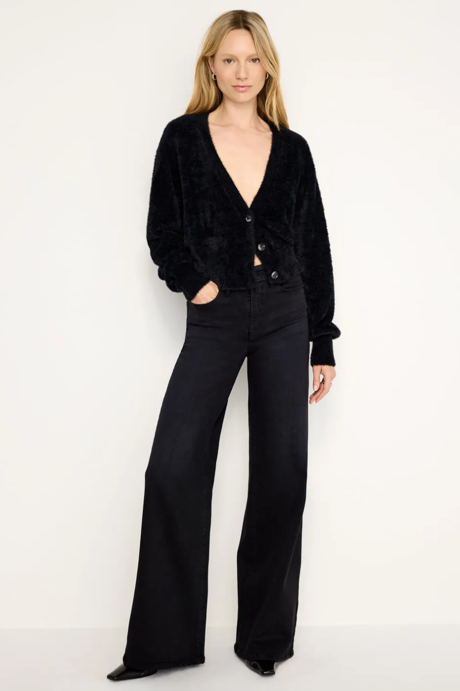 Good American Tops | Sweaters<FUZZY CARDIGAN Black001