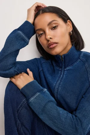Good American Tops | Sweaters<JEANIUS HALF ZIP SWEATSHIRT Indigo377