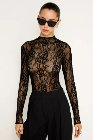 Good American Bodysuits<LACE MOCK NECK BODYSUIT Black001