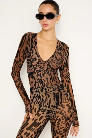 Good American Tops | Bodysuits<MESH BODYSUIT Warped leopard004