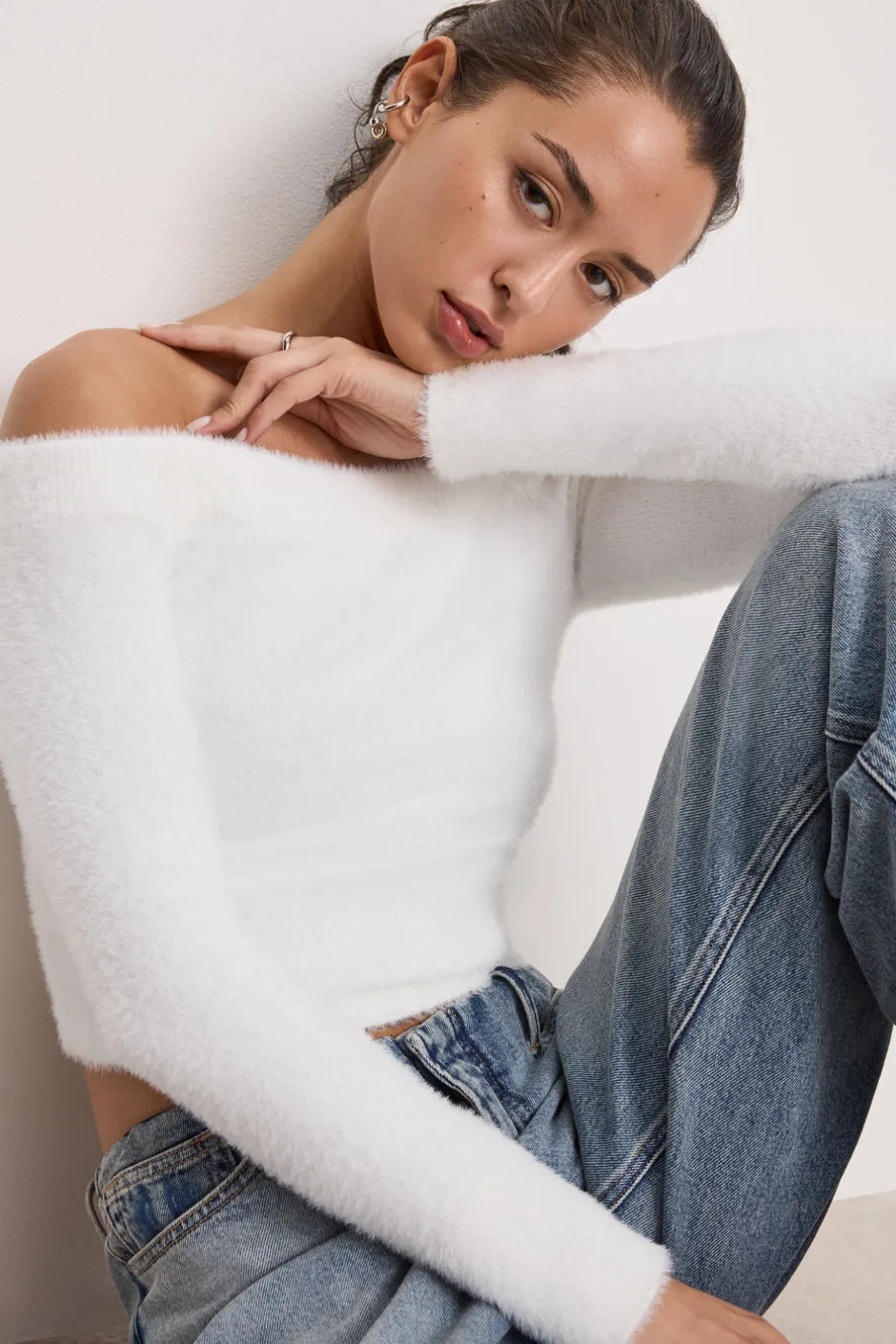 Good American Tops<OFF SHOULDER PLUSH TOP Cloud white001