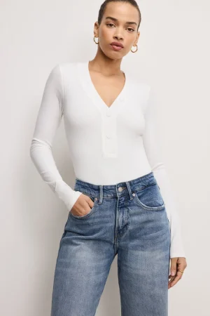 Good American Tops | Bodysuits<RIBBED HENLEY BODYSUIT Ivory001
