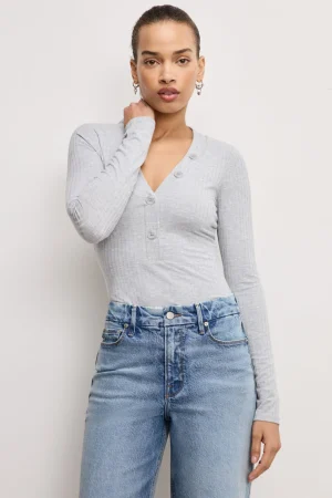 Good American Tops | Bodysuits<RIBBED HENLEY BODYSUIT Heather grey001