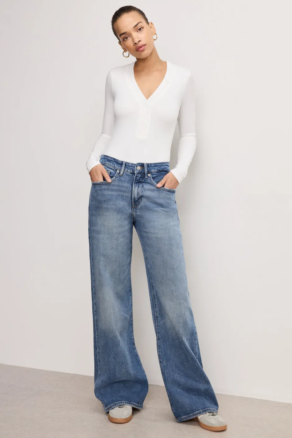 Good American Tops | Bodysuits<RIBBED HENLEY BODYSUIT Ivory001