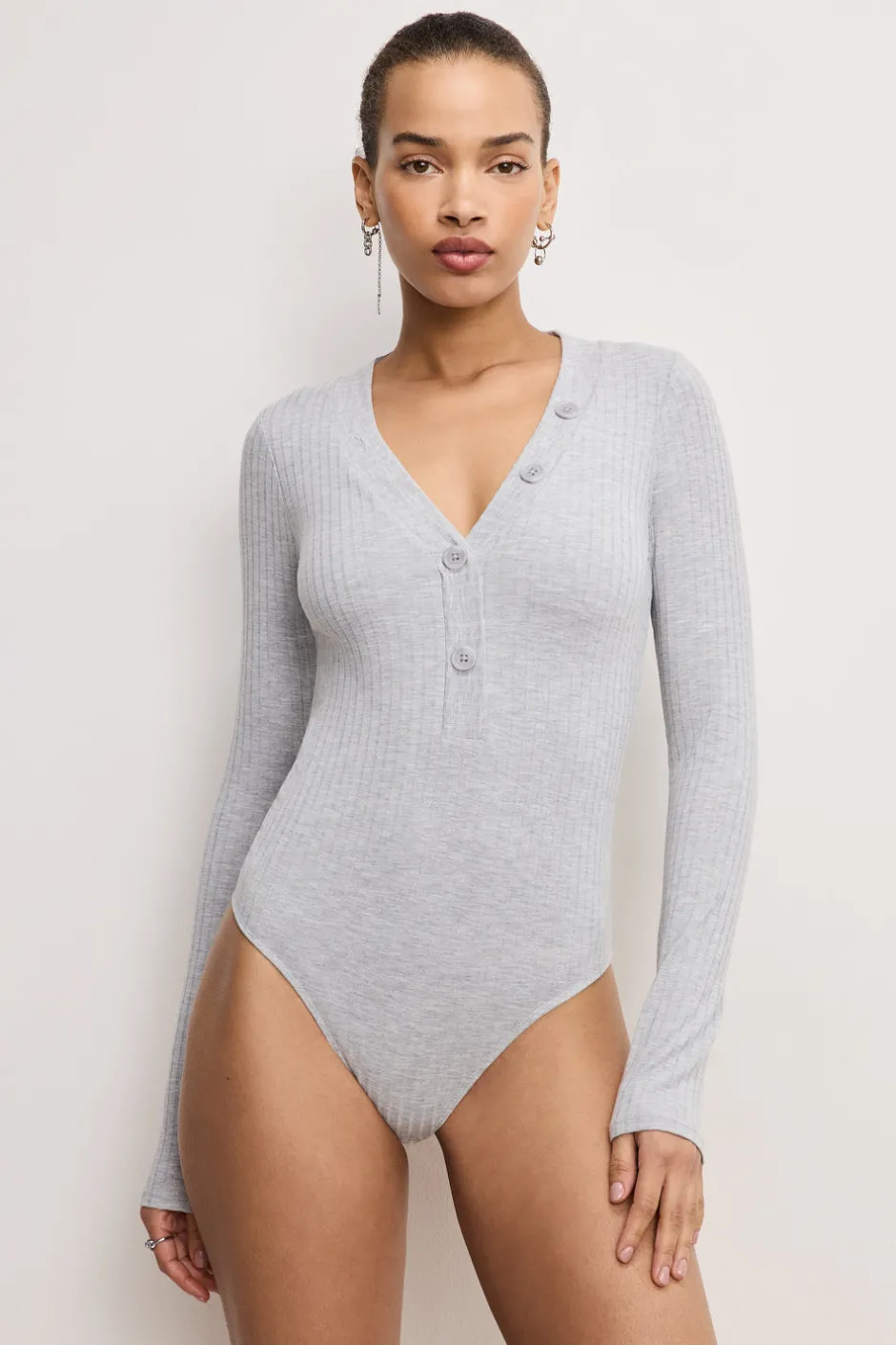 Good American Tops | Bodysuits<RIBBED HENLEY BODYSUIT Heather grey001