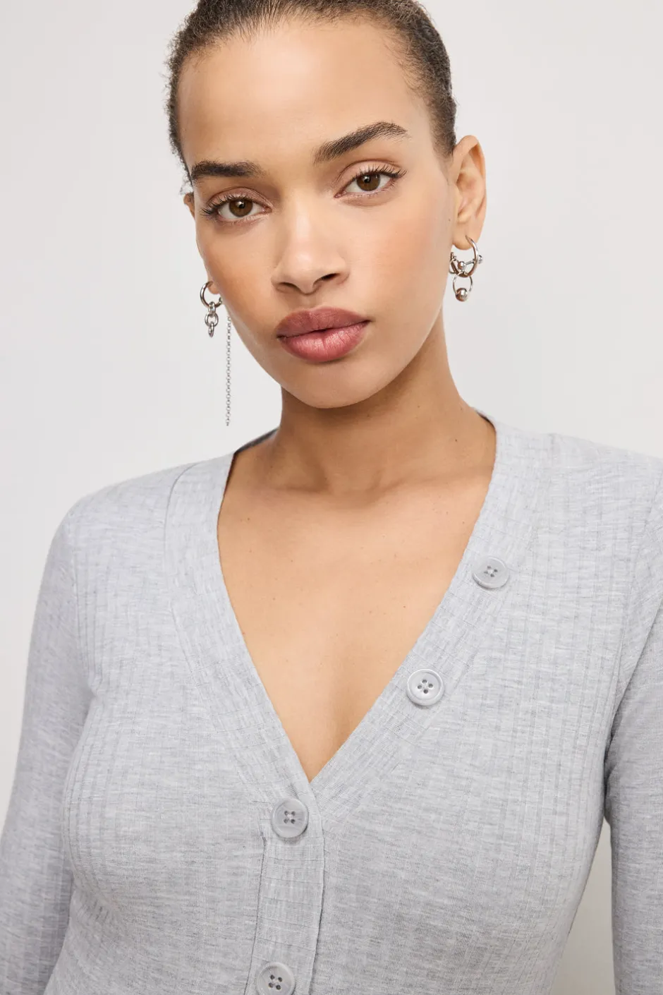 Good American Tops | Bodysuits<RIBBED HENLEY BODYSUIT Heather grey001