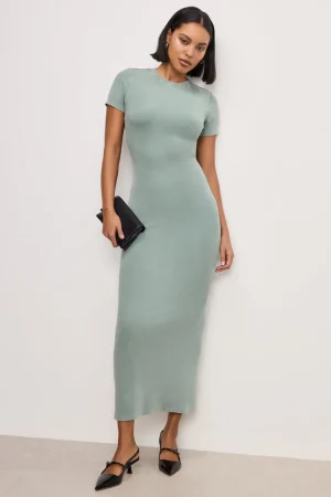 Good American Dresses<RIBBED TEE MAXI DRESS Washed fatigue green001