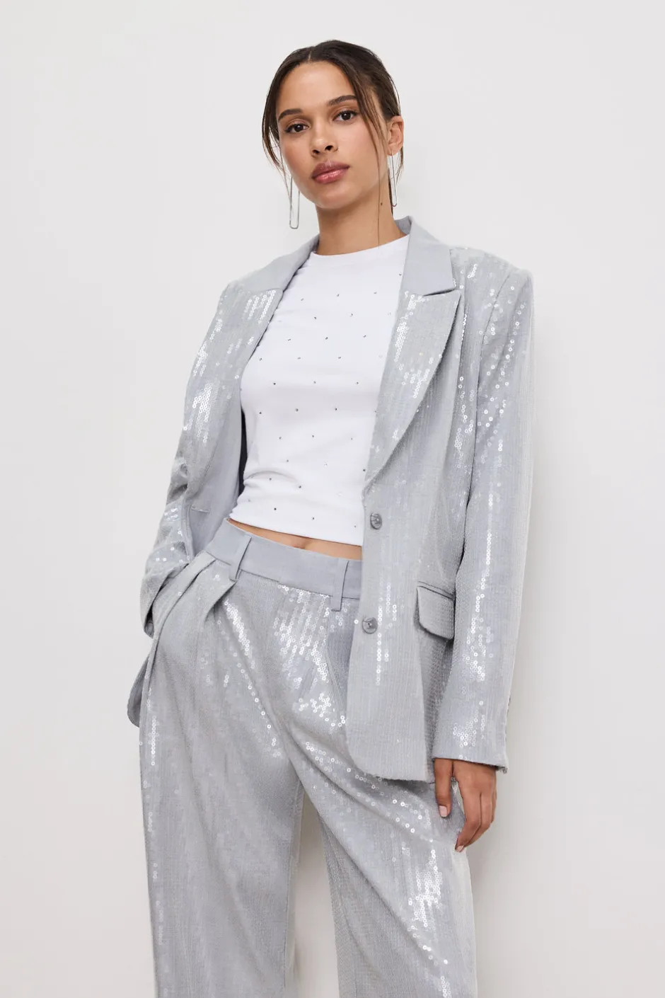 Good American Outerwear | Blazers<SEQUIN OVERSIZED BLAZER Heather grey001