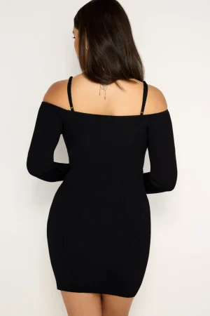 Good American Dresses<STRETCH RIB KNIT SHOULDER MINI DRESS Black001